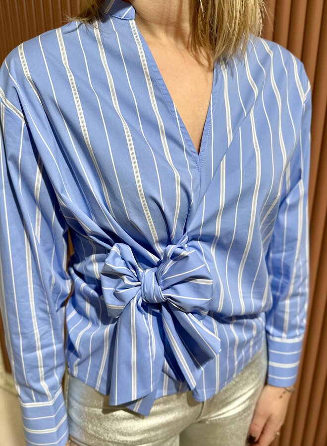 Shira Stripe Bow V-Blouse - Pale Blue