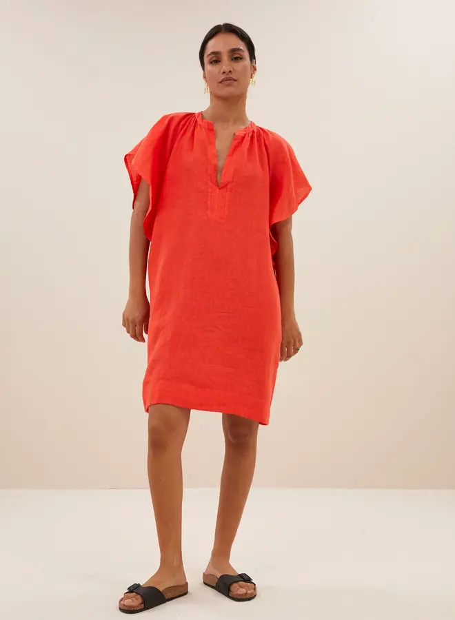 Vina Linen Dress - Bright Poppy