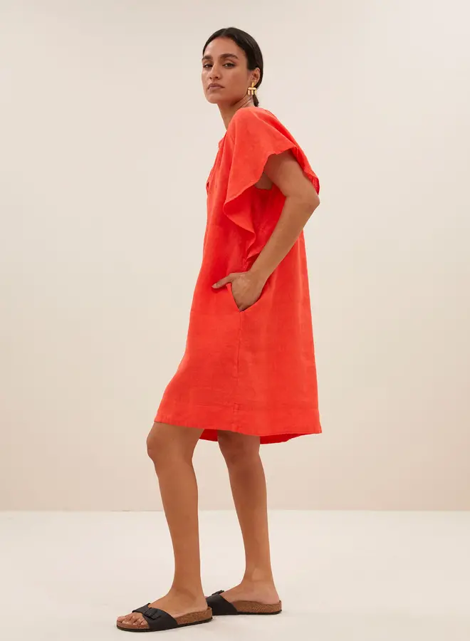 Vina Linen Dress - Bright Poppy