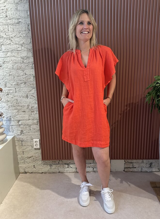 Vina Linen Dress - Bright Poppy