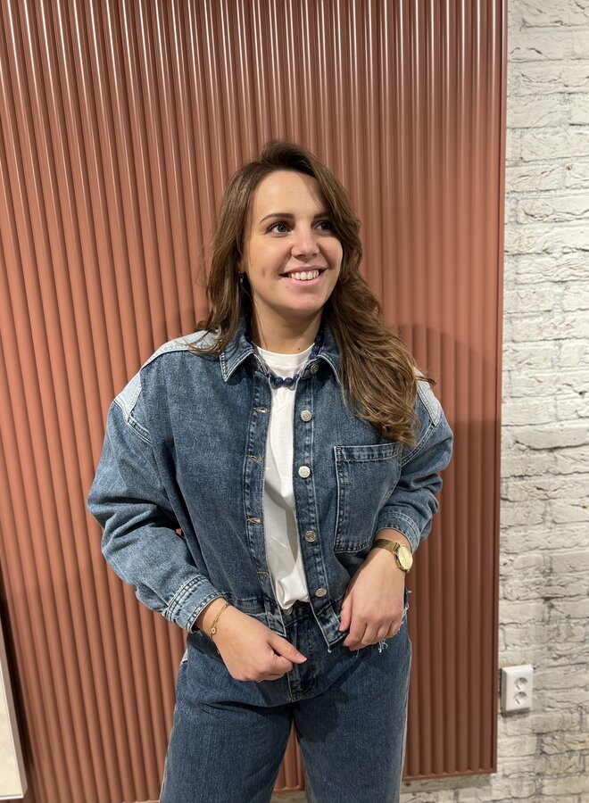 Mix denim blouse | Light blue denim