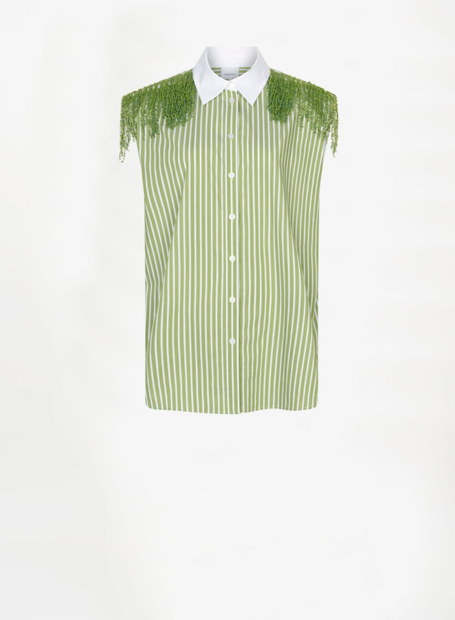 Rhobin sleeveless fringe detail shirt | Green Lush