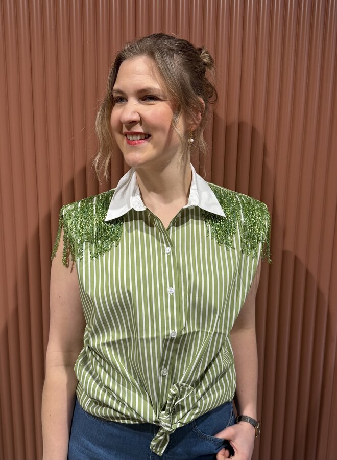 Rhobin sleeveless fringe detail shirt | Green Lush
