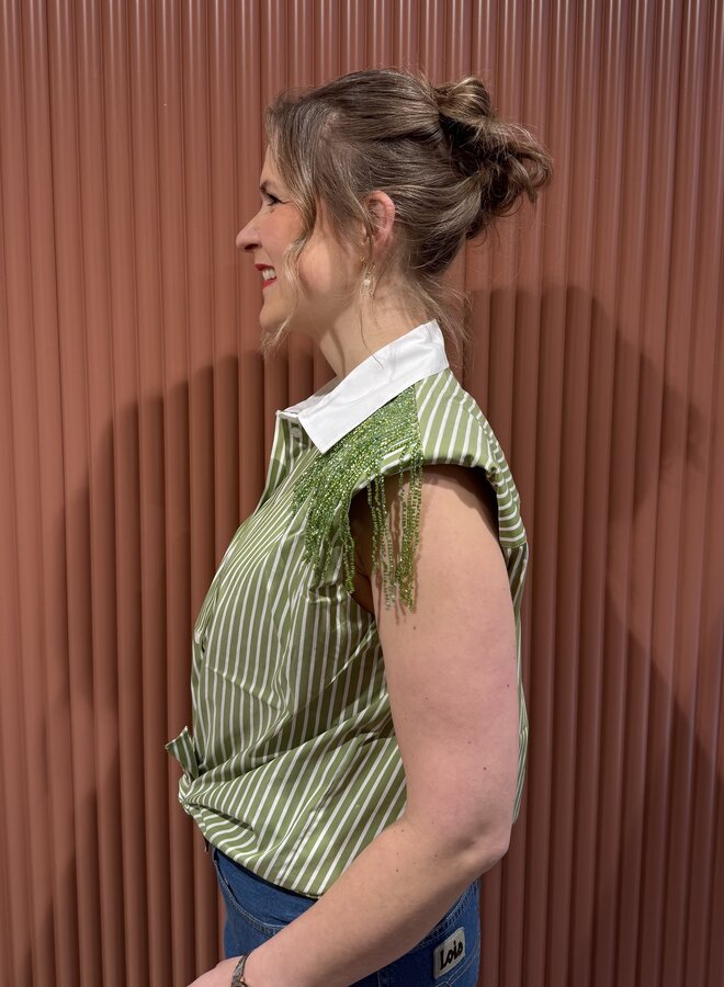 Rhobin sleeveless fringe detail shirt | Green Lush