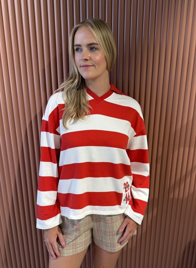 Block stripe polo sweater | Spicy coral