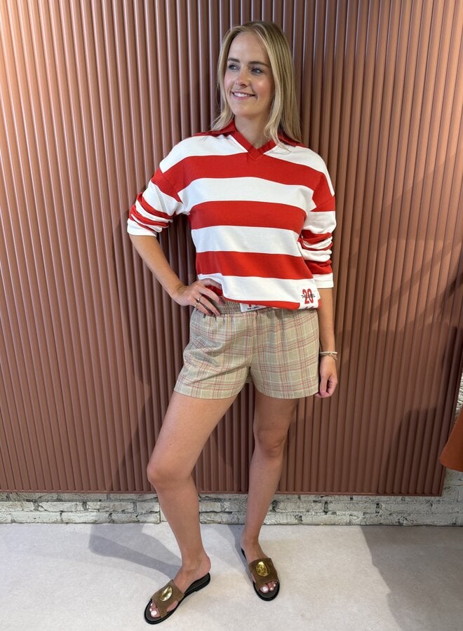 Block stripe polo sweater | Spicy coral