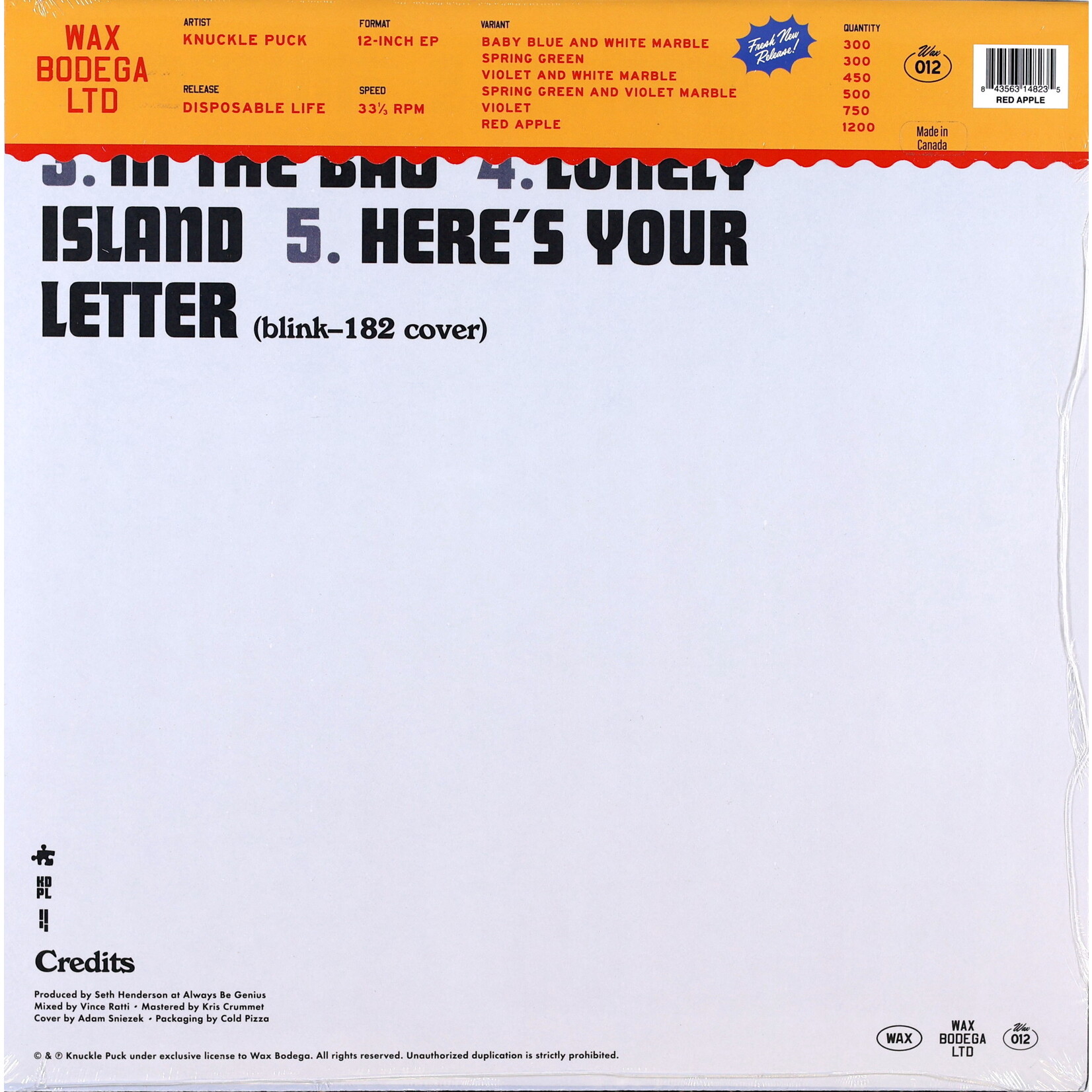 KNUCKLE PUCK - DISPOSABLE LIFE - COLOURED RED APPLE 12INCH