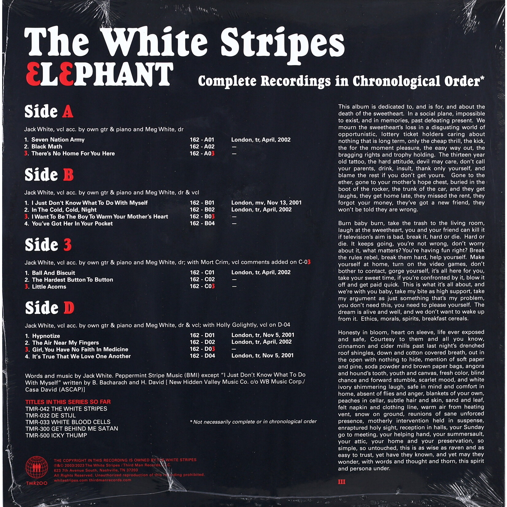 WHITE STRIPES, THE - ELEPHANT - LTD 20TH ANNIVERSARY COLOURED RED & CLEAR RED SMOKE EFFECT 2LP