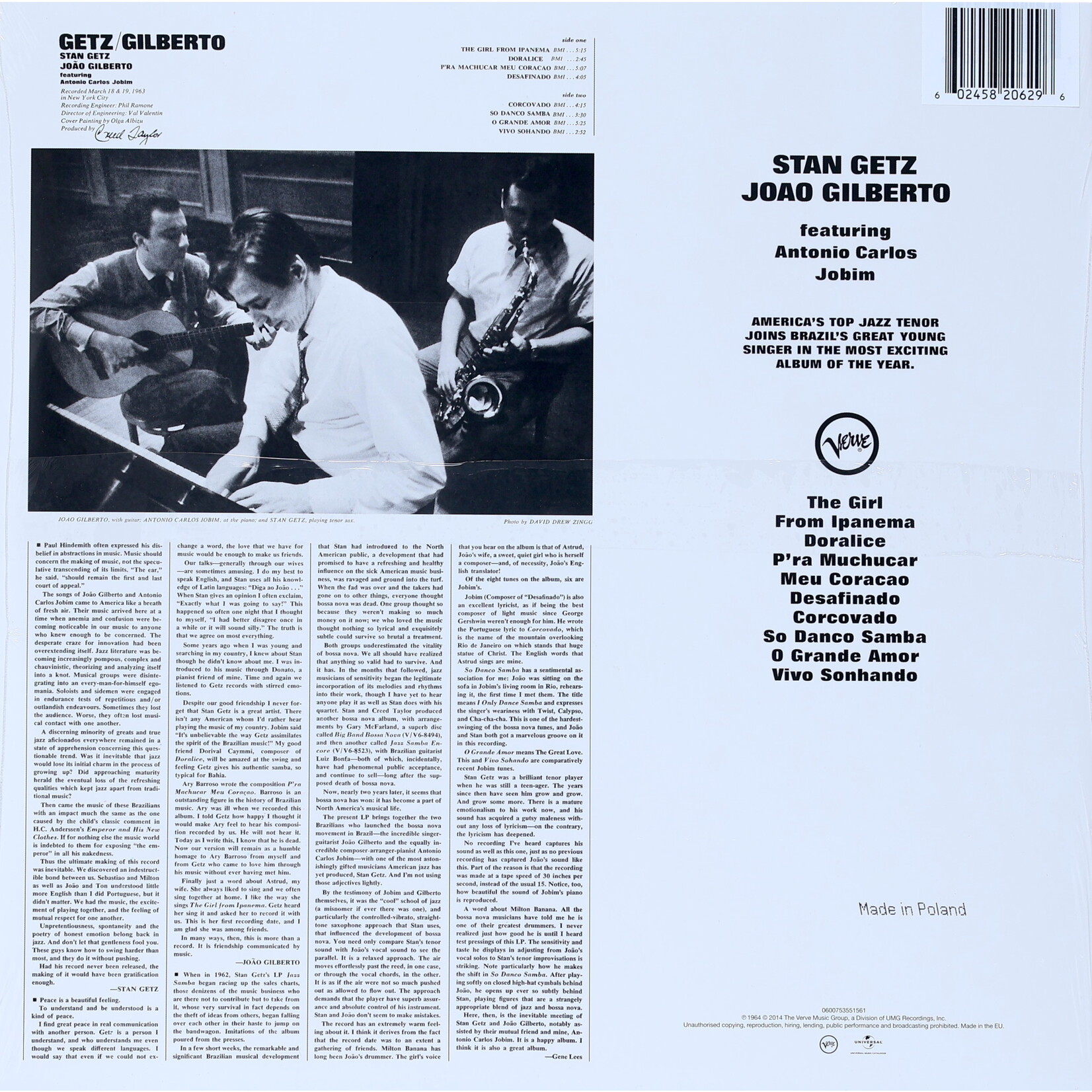 GETZ, STAN & JOAO GILBERTO - GETZ/GILBERTO - LTD REISSUE COLORED BLUE LP