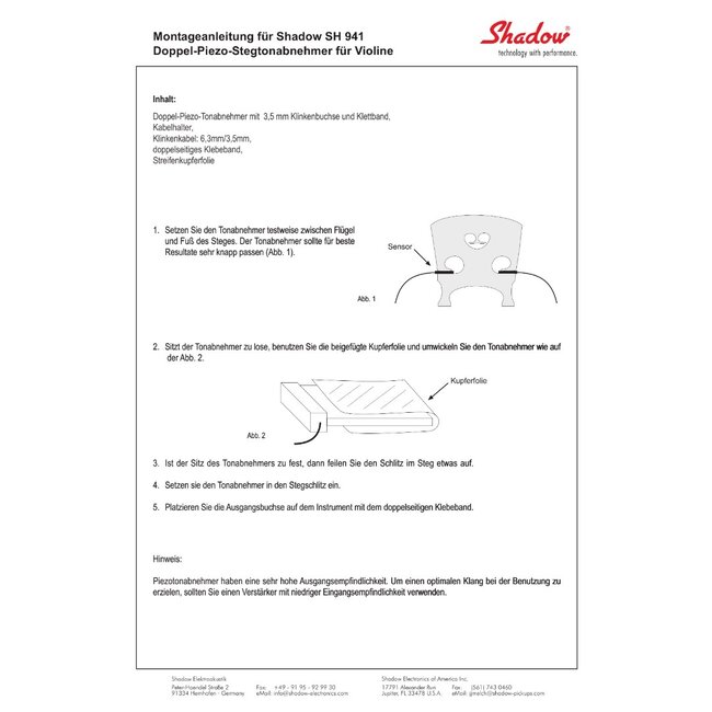 Tonabnehmersystem SH-941 für Geige/Bratsche