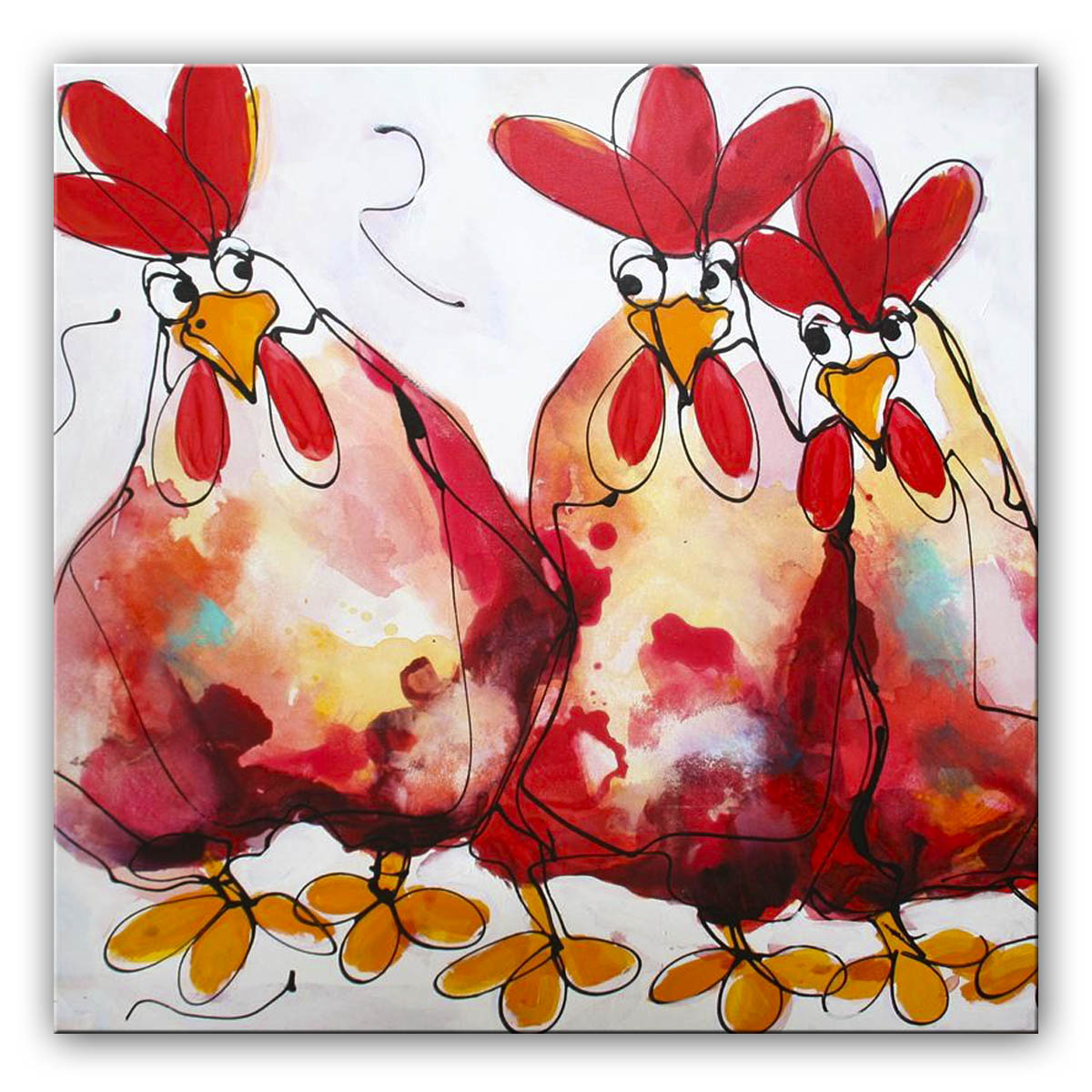 Rechter rode kippen | Origineel schilderij