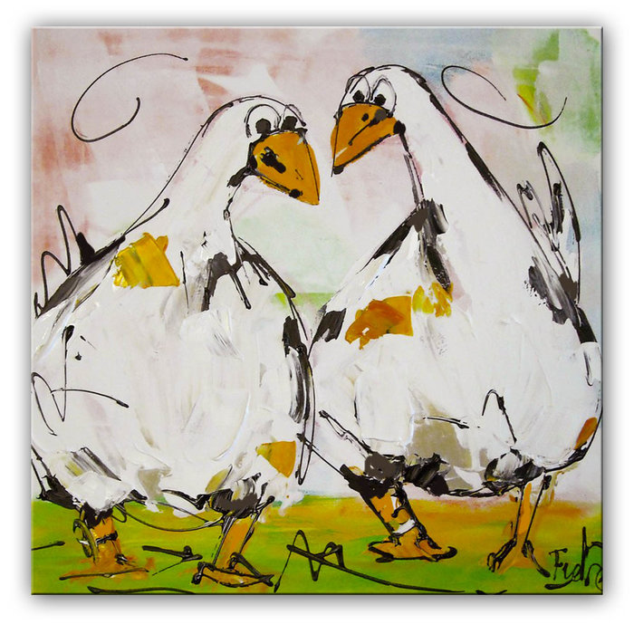 Ganzen in de wei | Origineel schilderij