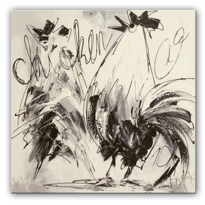 Kippen in zwart-wit | Origineel schilderij