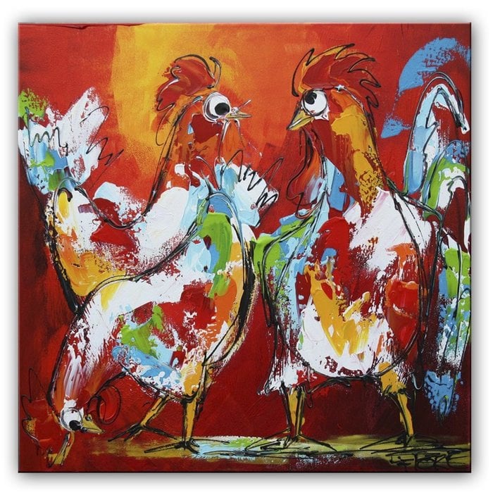 Drie bonte kippen | Origineel schilderij