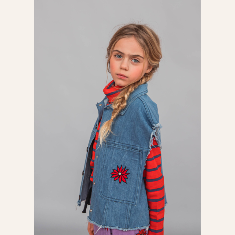 CarlijnQ Blue denim - Gilet with dahlia patch