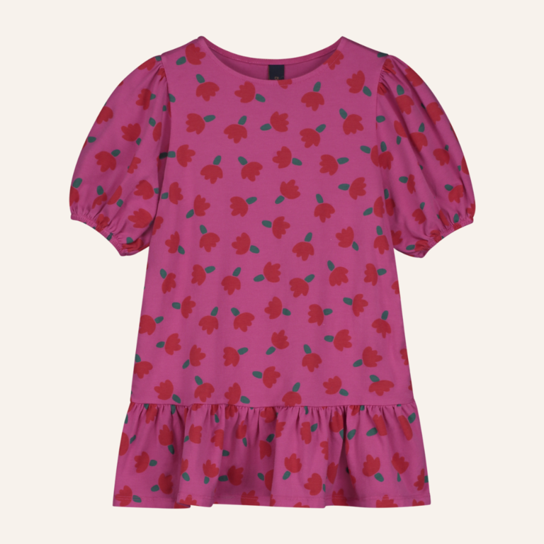 Bonmot Dress ballon sleeves flowers  - Raspberry