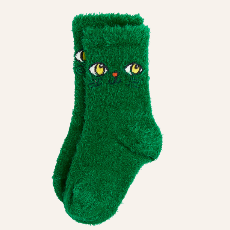 Mini Rodini Cat face fluffy sock - Green