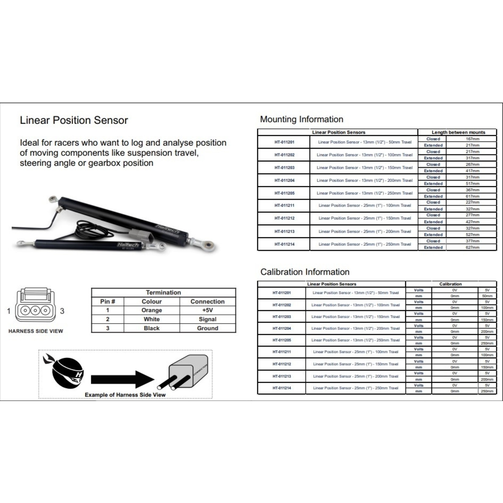 Haltech Linear Position Sensor - 1" - 100mm Travel