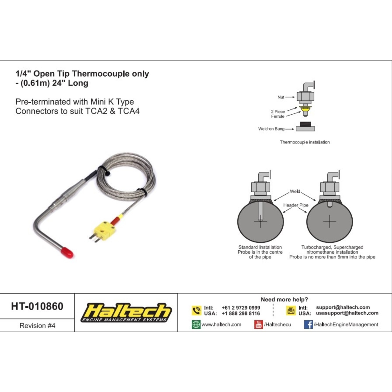 Haltech 1/4" Open Tip Thermocouple only (1.18m) 46-1/2" Long