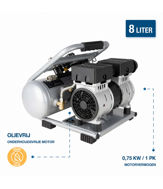Hyundai 750 W Silent Compressor met 8 Liter Tank – 9 Bar, Olievrij en 49 dB(A) | SAC75008