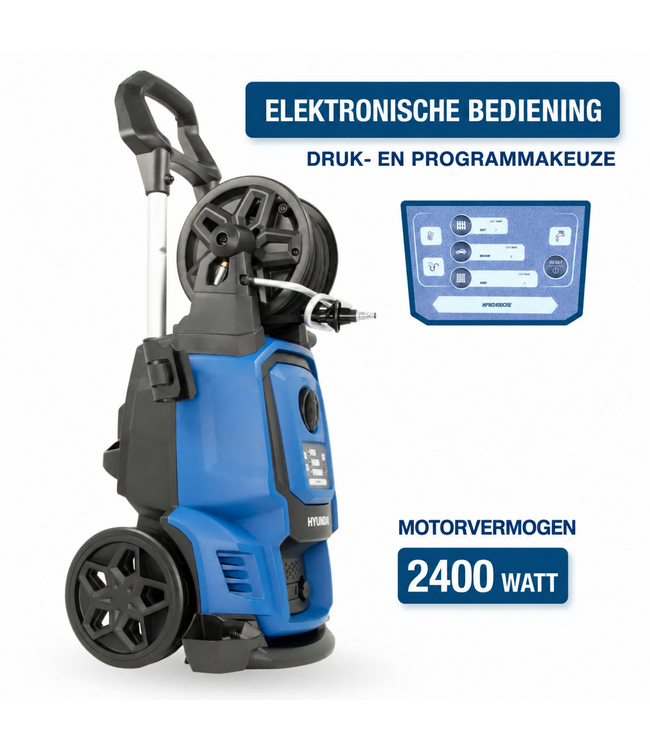 Hyundai 2400 Watt Elektrische Hogedrukreiniger – 195 Bar, Remote Control en Slanghaspel | HPW2400CRE