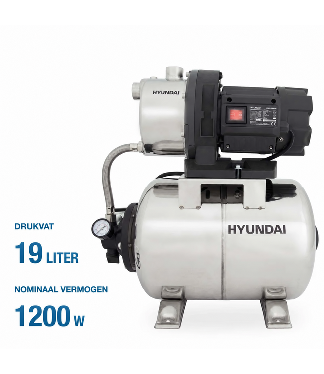 Hyundai 1200 Watt Hydrofoorpomp – 5000 l/u, 50 m Opvoerhoogte en 19 L RVS Drukvat | HWW12050-IN