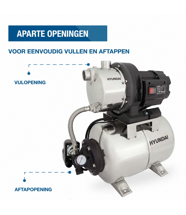 Hyundai 1200 Watt Hydrofoorpomp – 5000 l/u, 50 m Opvoerhoogte en 19 L RVS Drukvat | HWW12050-IN