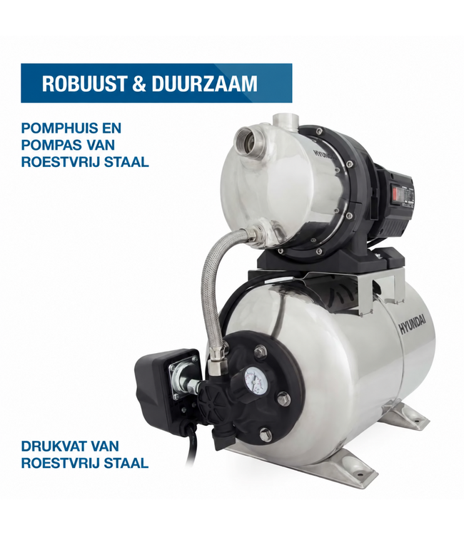 Hyundai 1200 Watt Hydrofoorpomp – 5000 l/u, 50 m Opvoerhoogte en 19 L RVS Drukvat | HWW12050-IN