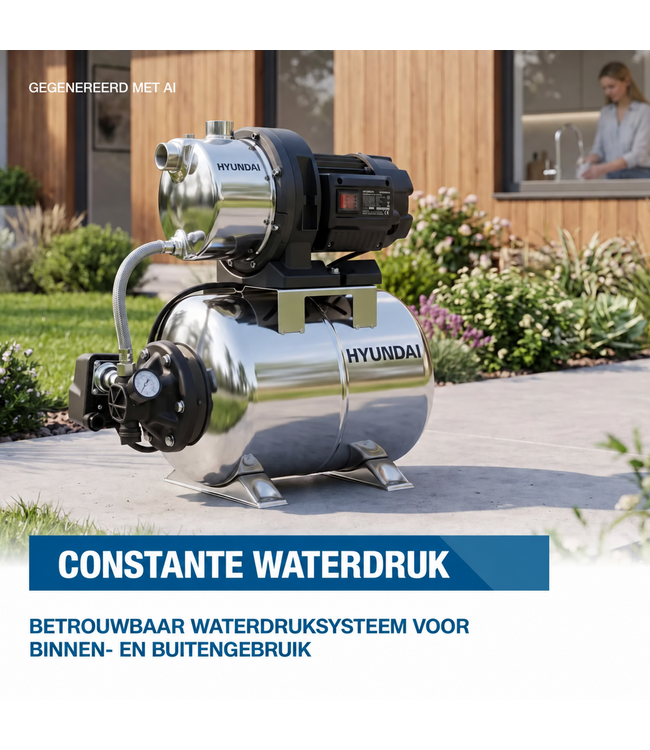 Hyundai 1200 Watt Hydrofoorpomp – 5000 l/u, 50 m Opvoerhoogte en 19 L RVS Drukvat | HWW12050-IN
