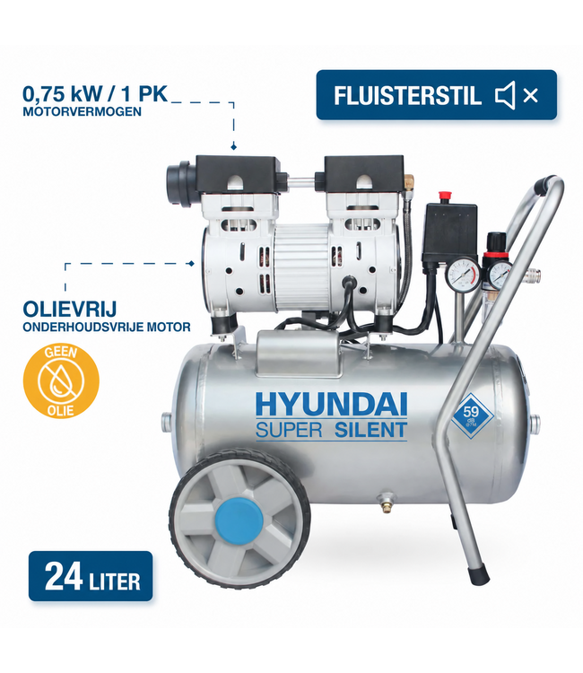 Hyundai 750 Watt Silent Compressor 24 Liter – 8 Bar, Olievrij en 59 dB(A) | SAC55752