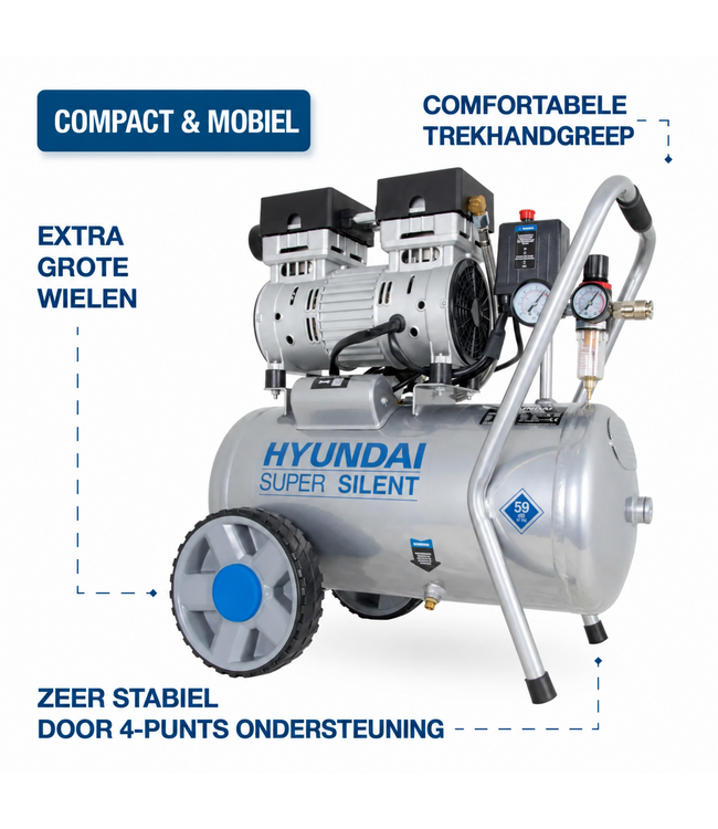 Hyundai 750 Watt Silent Compressor 24 Liter – 8 Bar, Olievrij en 59 dB(A) | SAC55752