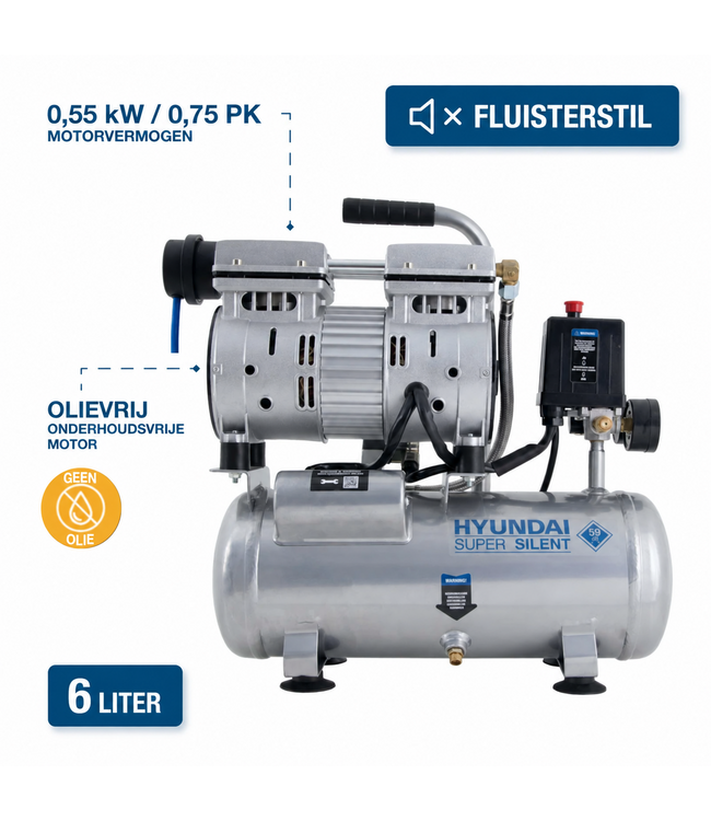 Hyundai 550 Watt Stille Compressor – 6 Liter, 8 Bar en 59 dB(A) | SAC55751