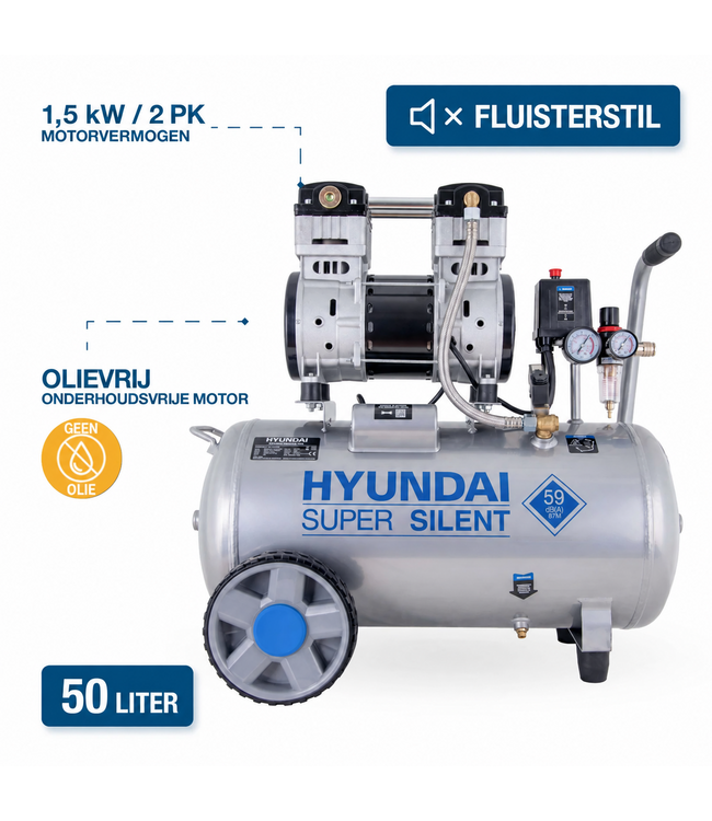 Hyundai 50 Liter Stille Compressor – 8 Bar, 232 l/min en Olievrij | SAC55753