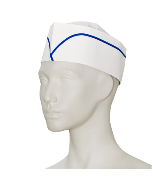 Care & Serve Casquette en papier PREMIUM « forage » avec bandeau anti-transpiration, blanche à rayures bleues.