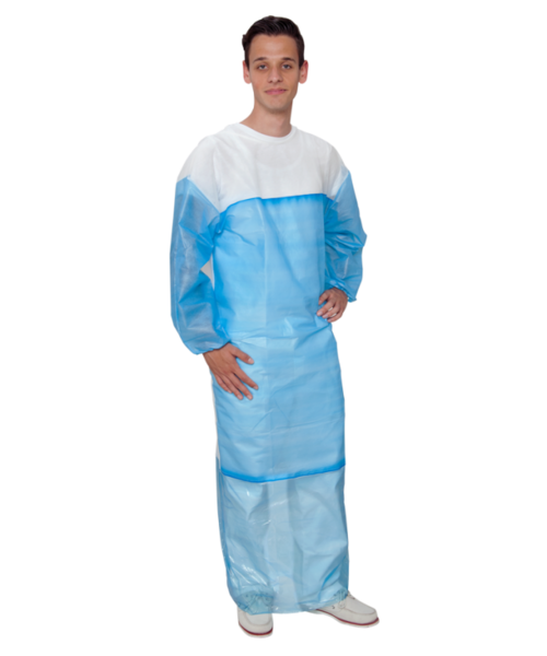 Care & Serve Blouse visiteur non tissée PREMIUM PLUS blanche/bleue - revêtement PE partiel