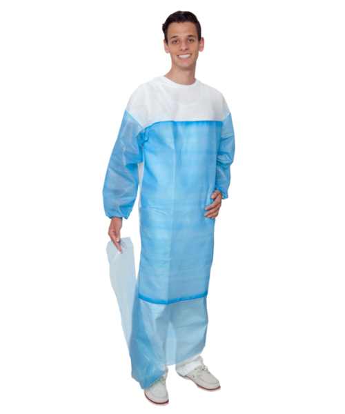 Care & Serve Blouse visiteur non tissée PREMIUM PLUS blanche/bleue - revêtement PE partiel
