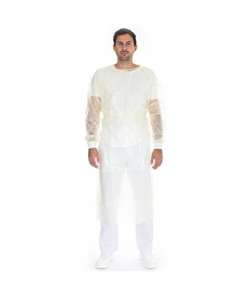 HygoStar Blouse pour patients avec revêtement PP/PE et poignets, jaune