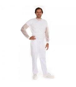 Blouse d'hôpital avec fermeture velcro, PP/revêtement PE, blanche