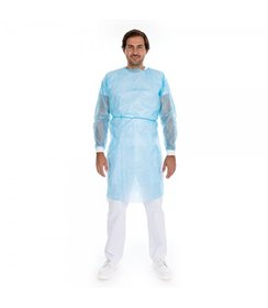 Blouse pour patients avec fermeture velcro, PP/revêtement PE, bleue