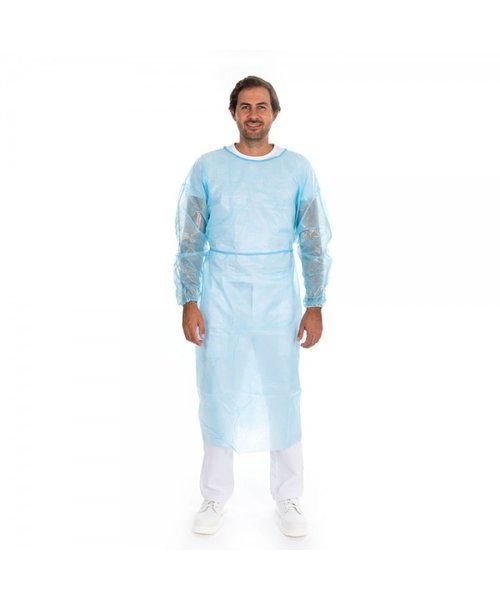 HygoStar Blouse pour patients à col fermé, PP/revêtement PE bleu