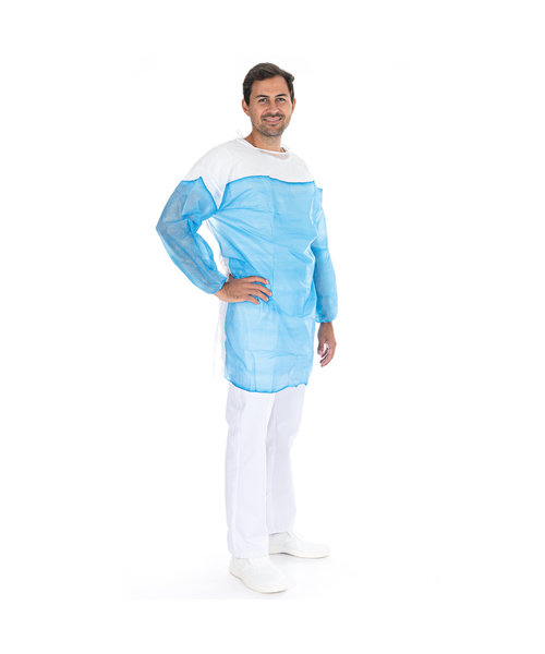HygoStar Blouse patient « Duo » sans perforation PP/PE, blanc-bleu