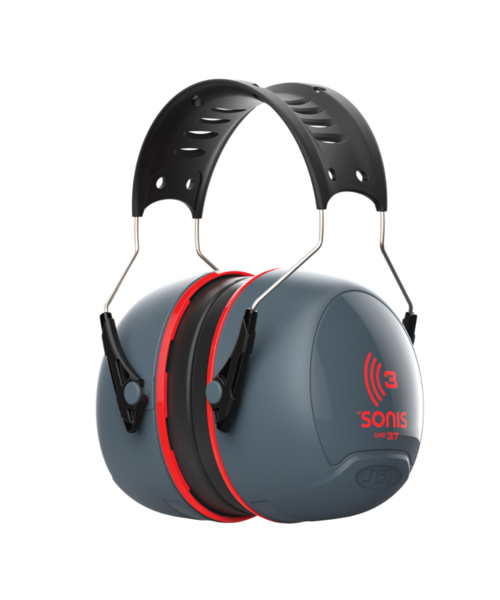 JSP  Sonis® 3 gehoorkap met hoofdbeugel (37 dB), donkergrijs/rood