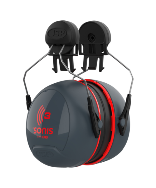 JSP  Casque antibruit Sonis® 3 avec fixation pour casque (36 dB), gris foncé/rouge