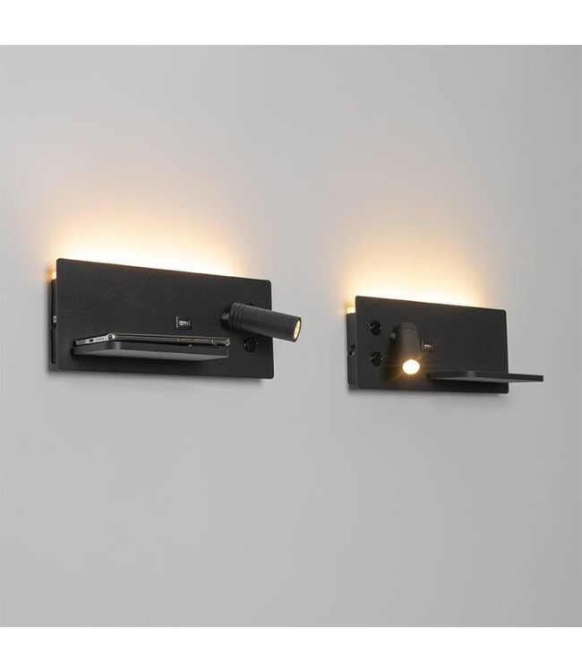 QAZQA Wandlamp Riza | Zwart |  van 2 | LED met USB & inductielader