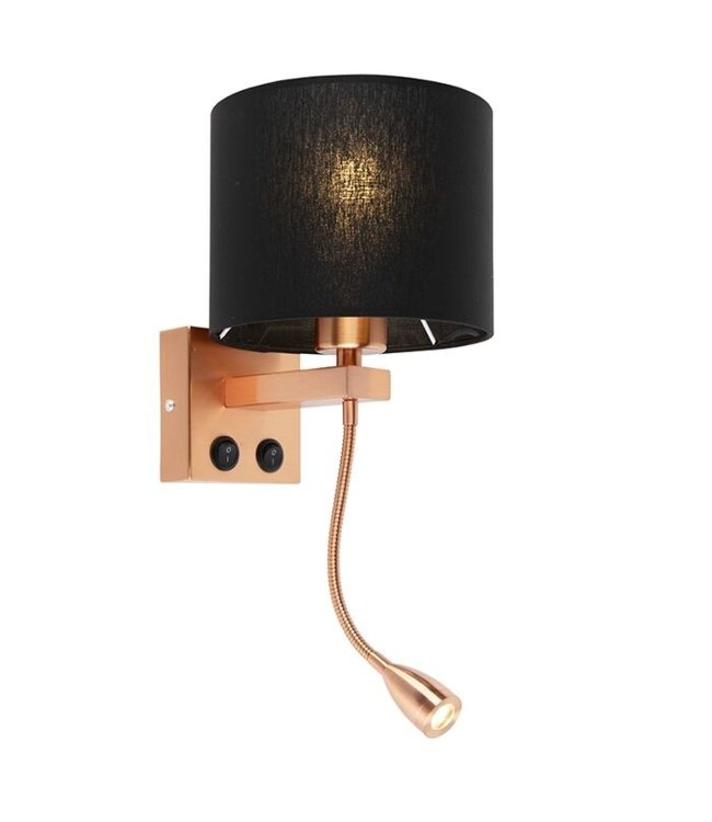 QAZQA Vintage Wandlamp Brescia | Koper met zwarte Kap | Leeslamp LED | E27