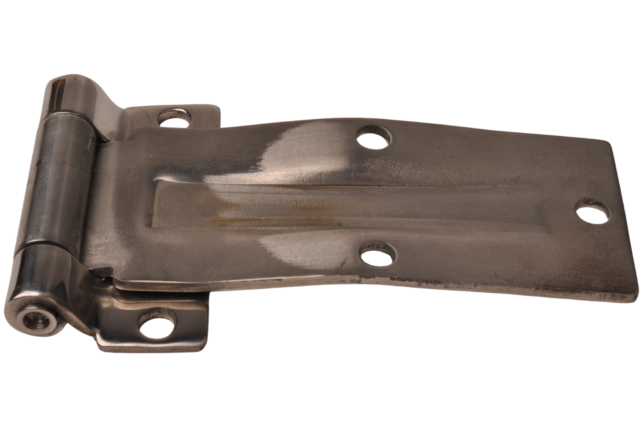 A curved stainless steel 180 mm door hinge.