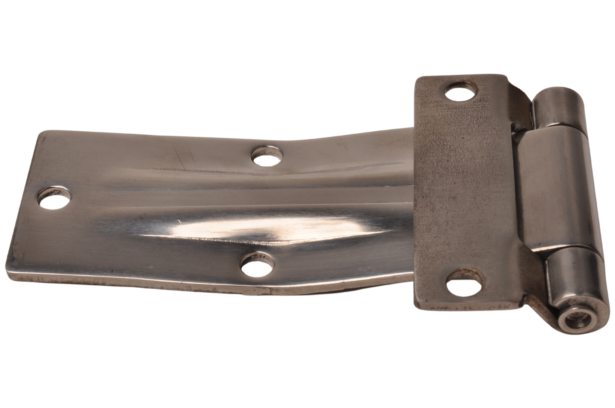 A curved stainless steel 180 mm door hinge.