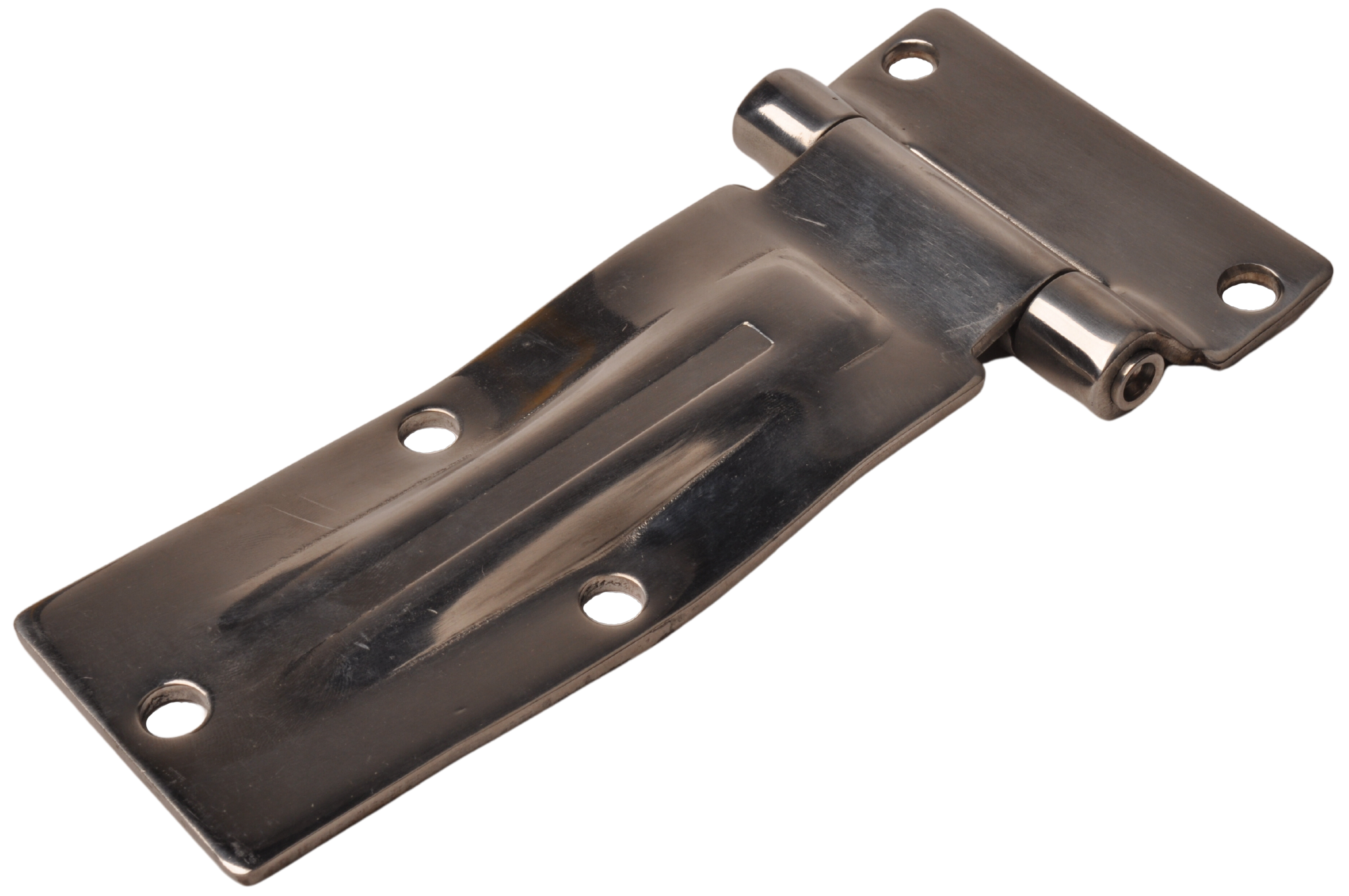 A curved stainless steel 180 mm door hinge.