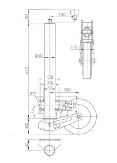 Winterhoff Roue jockey 60 mm pour Remorque plus long - 500 kg