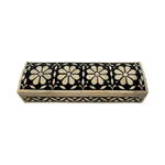 Bone inlay box met slot, zwart wit bloemmotief  9x6x31 cm